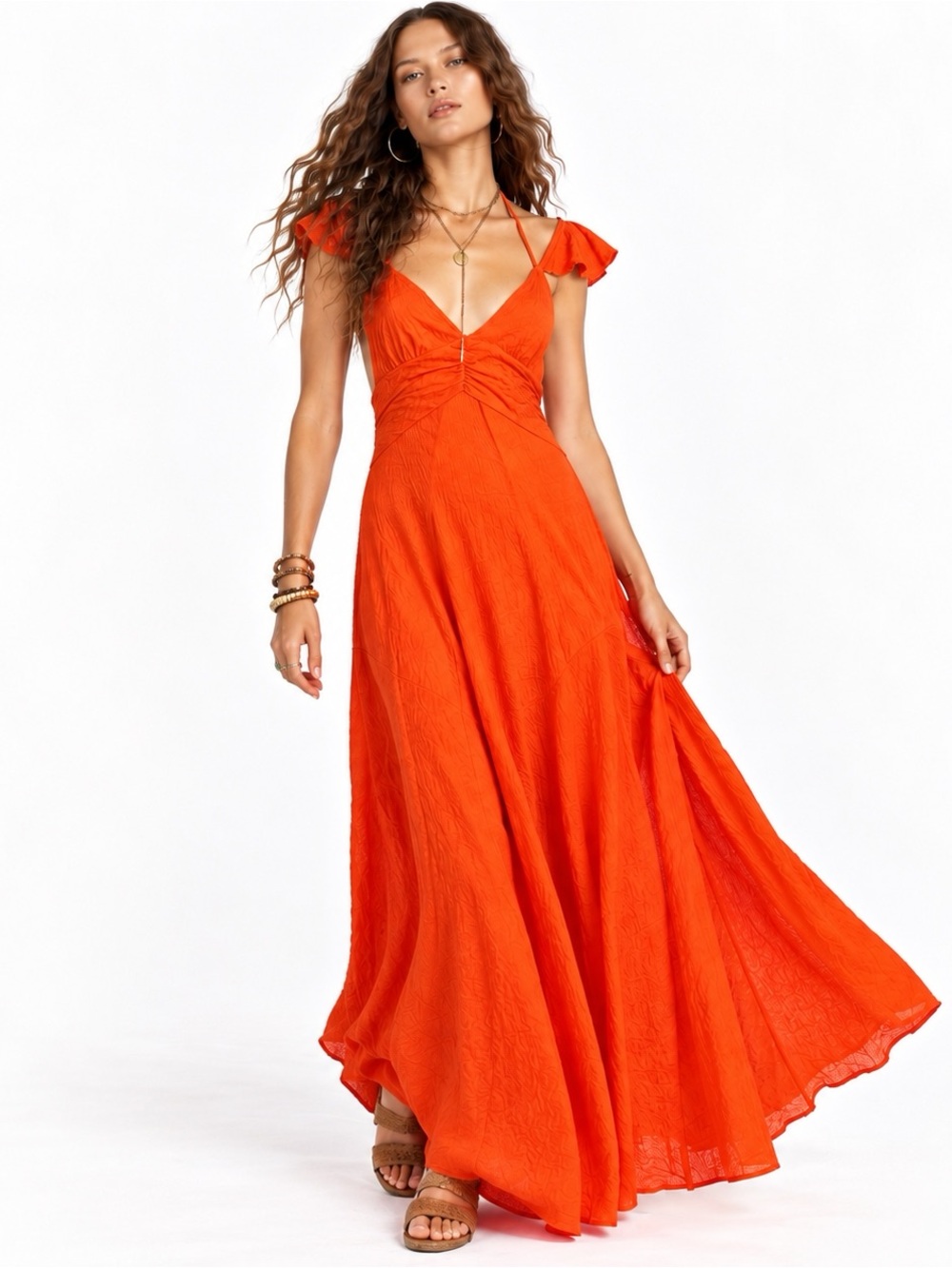 NWT $98 Free People Beach Louisa Maxi Dress Tangerine Tango Red Size M